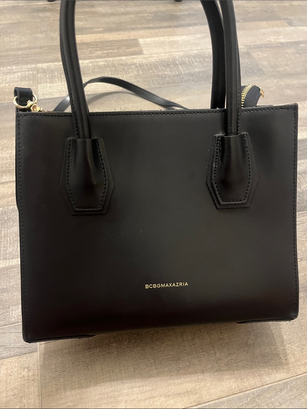 BCBGMaxAzria Black Structured Satchel with Gold Logo